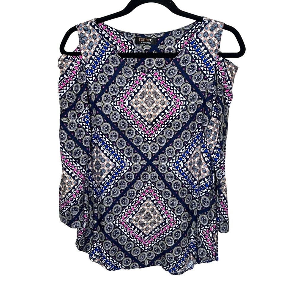 Renee C Blouse Purple Blue Paisley Geometric Cold Shoulder Long Sleeve S